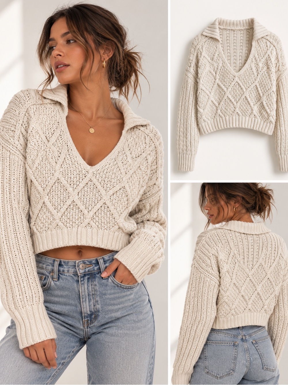 Free People Cropped V-Neck Cable Knit Sweater - Cream